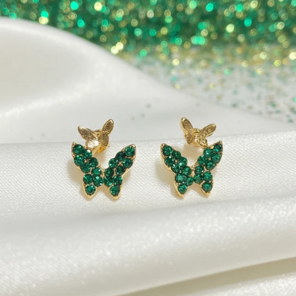 Gold Butterfly Stud Earrings with Emerald Green Crystals